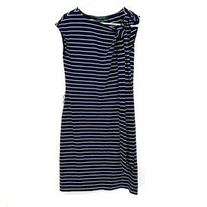 Lauren Size XS Dress Navy Blue Stripe Cap Sleeve‎ Bodycon Waist Tie Casual Basic